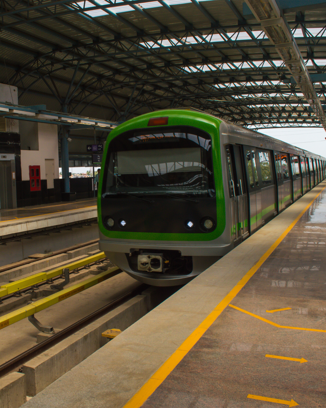 Namma Metro train arriving at a Bengaluru station platform