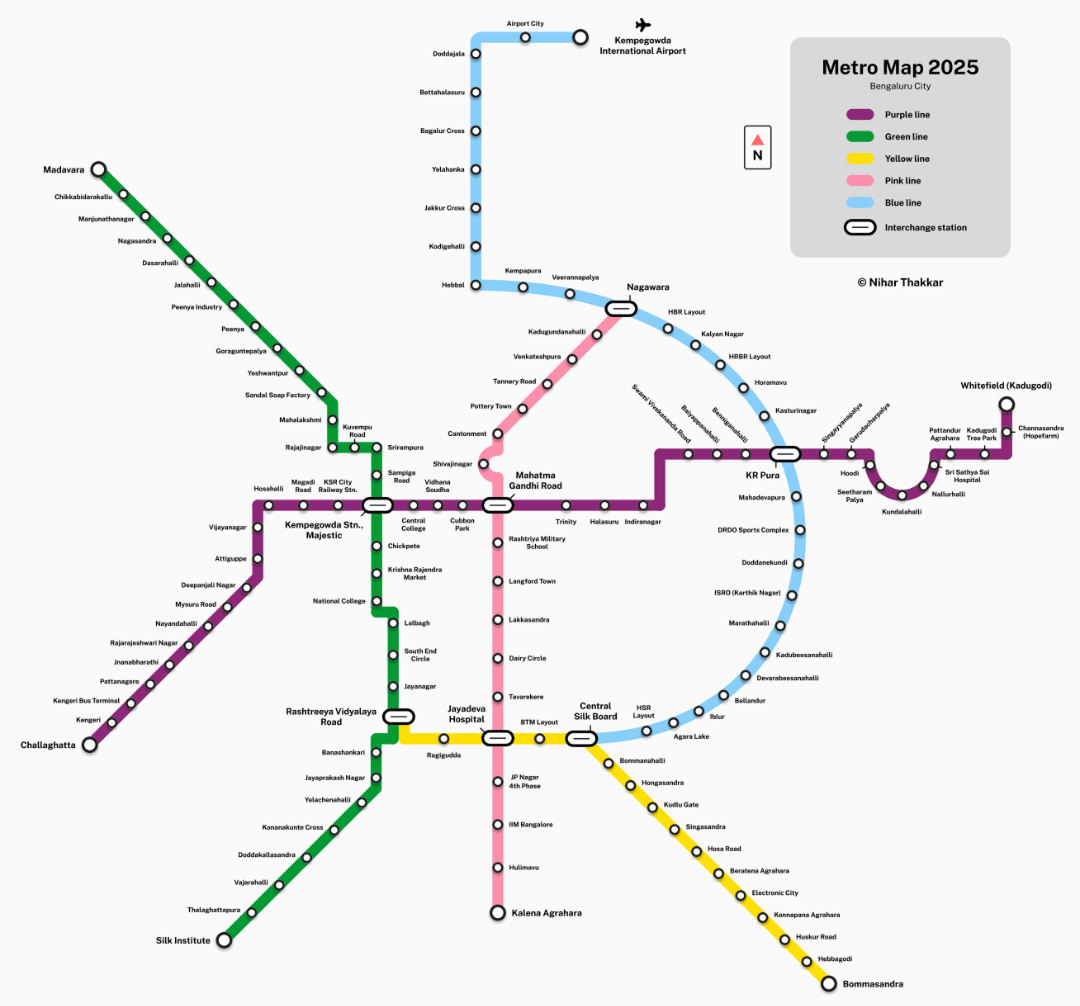 Namma Metro network map showing Purple, Green, Yellow, Pink, and Blue lines across Bengaluru