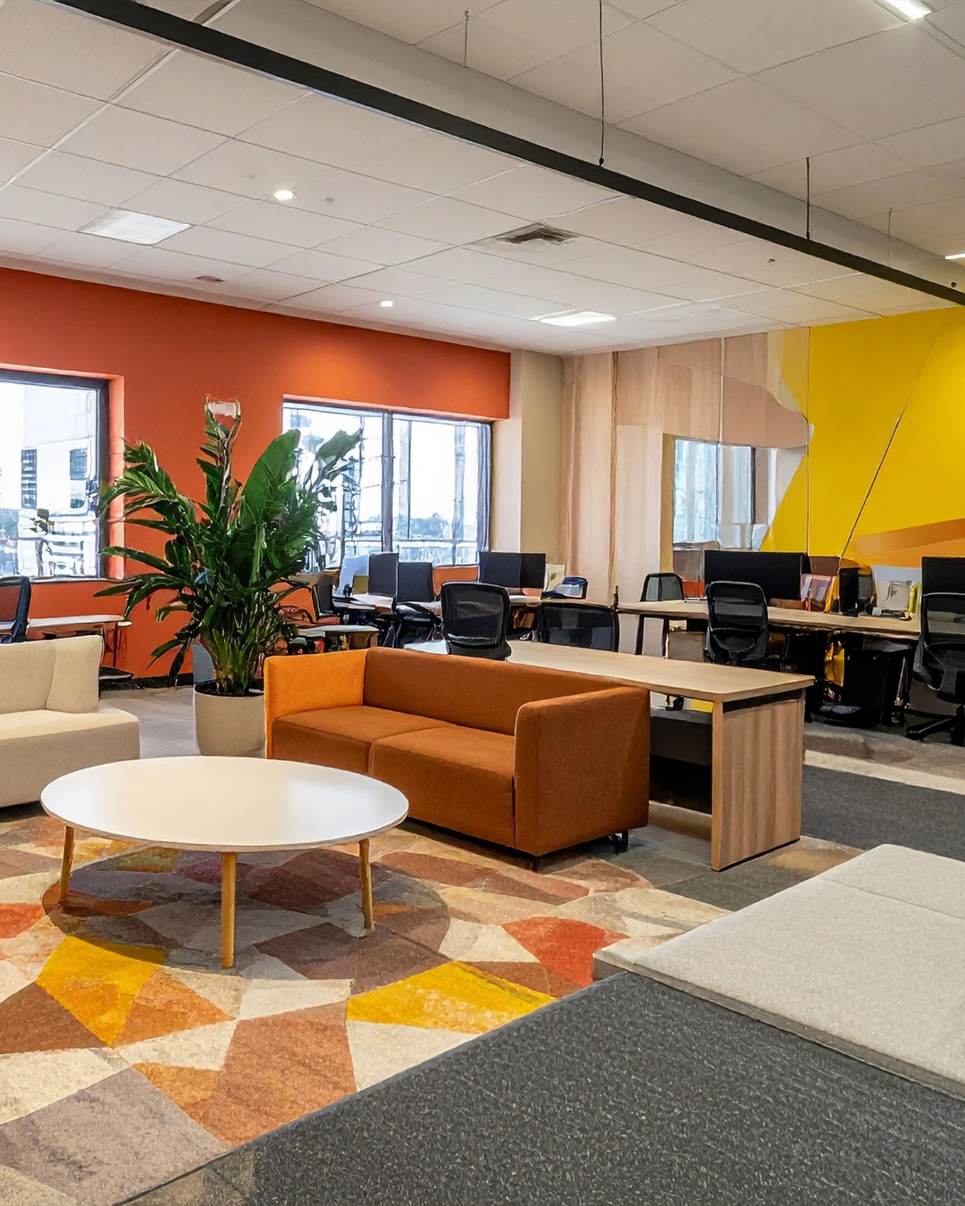 Vibrant coworking space interior in Bengaluru with collaborative seating and lounge areas