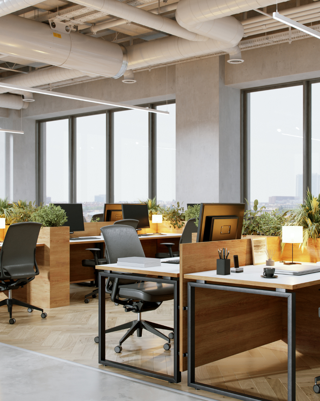 Modern managed office interior in Bengaluru with open workstations and city views