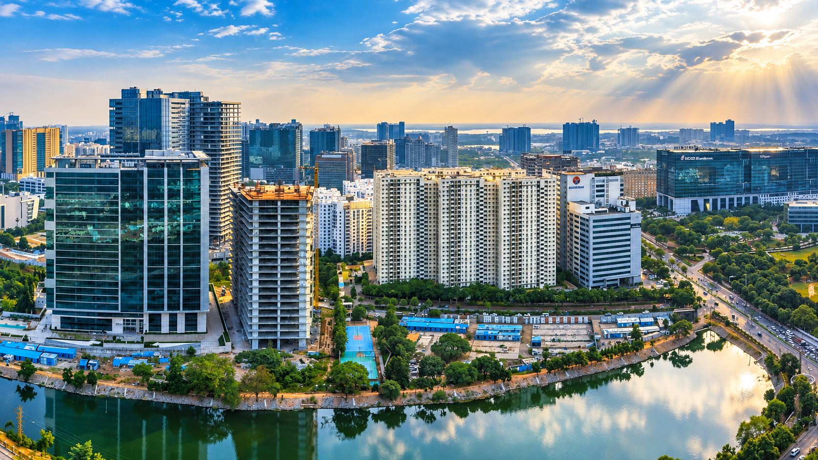 Aerial view of Hyderabad's high-rise office and residential towers along a lakeside business corridor