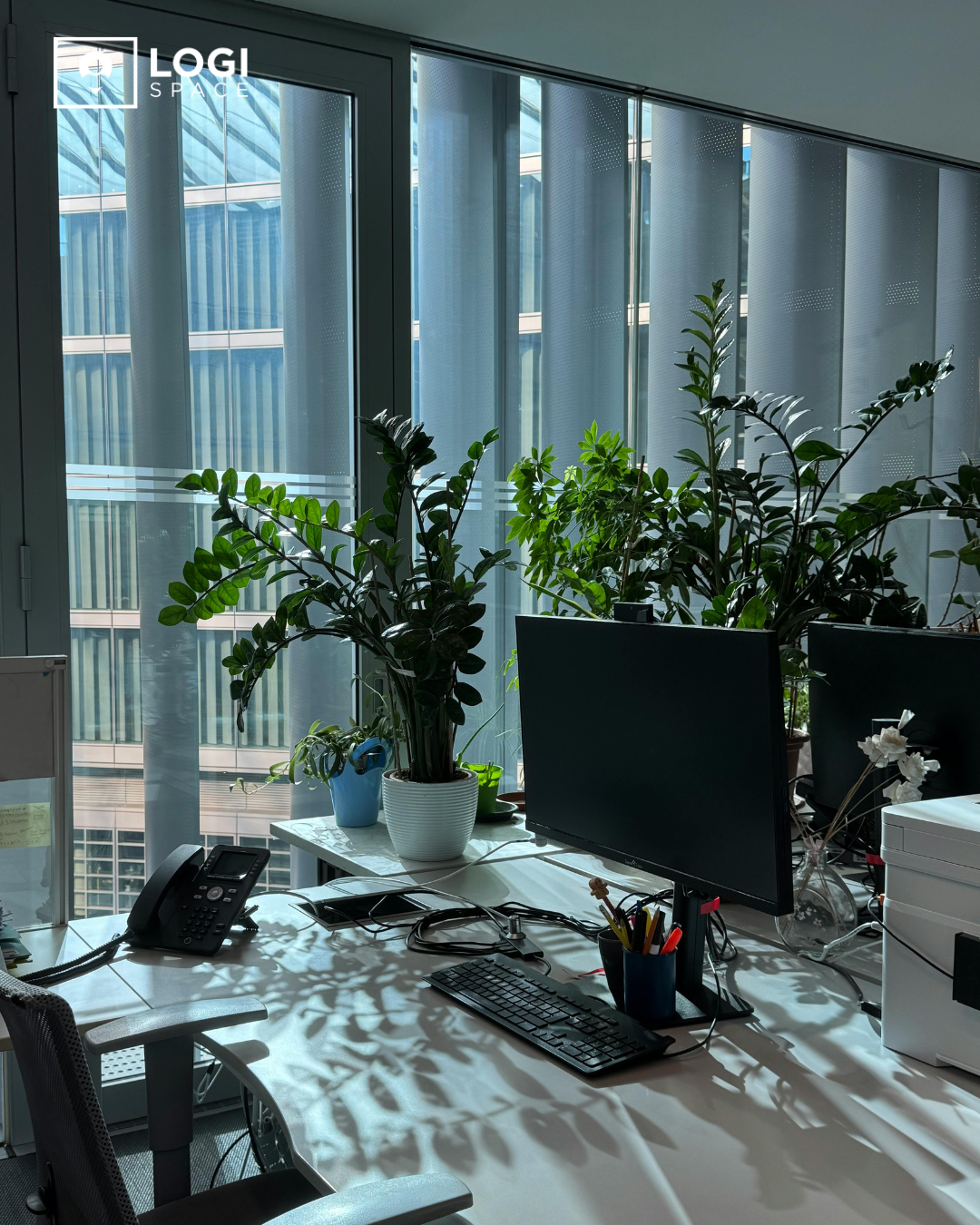 Managed office desk with greenery and dual-monitor workstation in a Hyderabad Grade A building