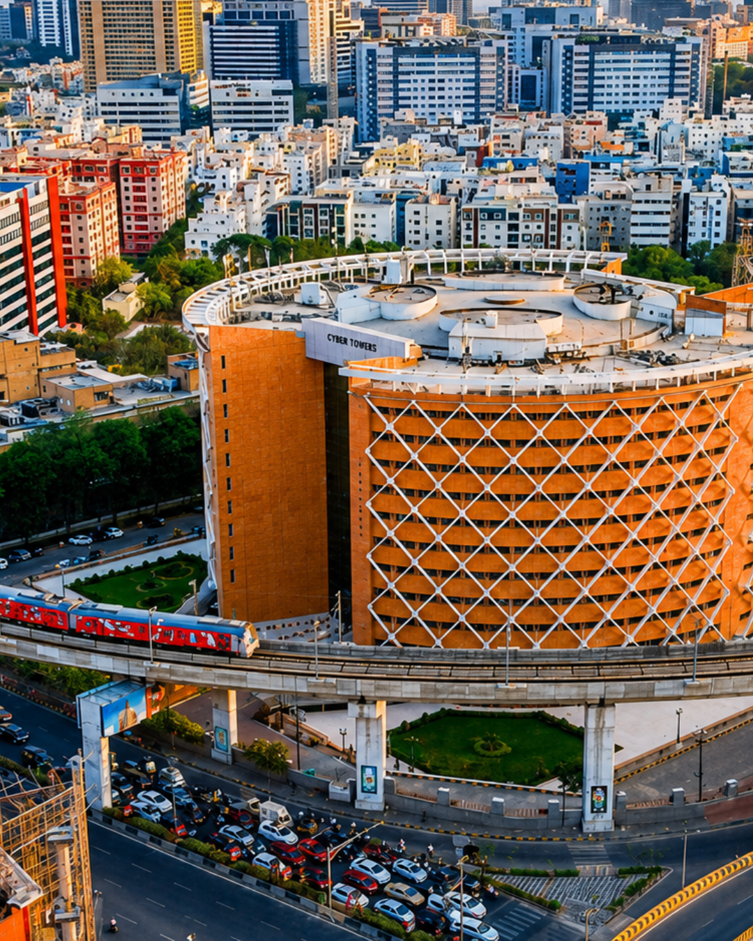 Hyderabad Metro line running past Cyber Towers in HITEC City, the anchor of the city's technology corridor