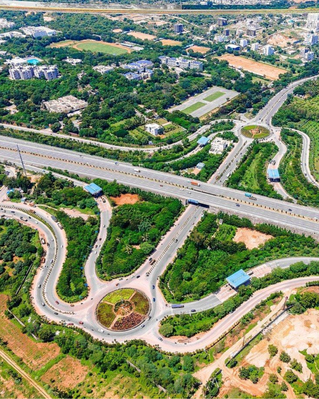 Aerial view of an Outer Ring Road interchange connecting Hyderabad's western technology corridor