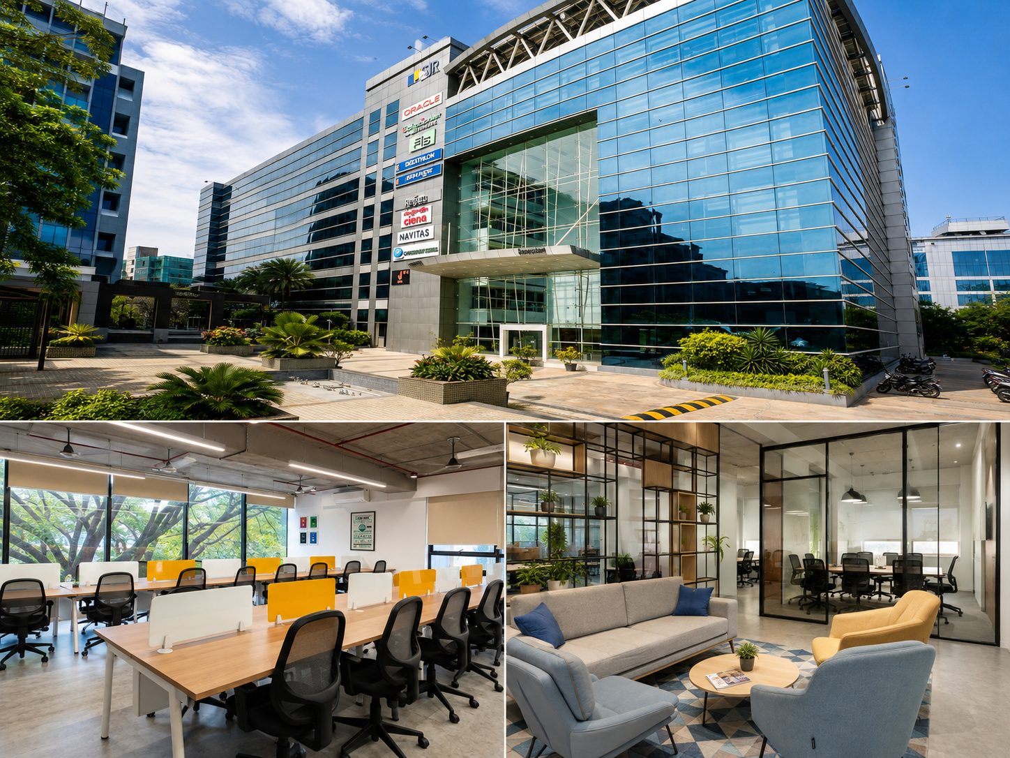 Managed office building exterior, furnished workstations, and lounge seating area in Bengaluru